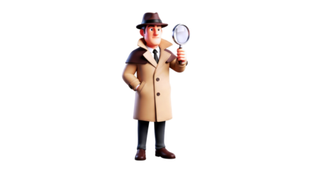 3D Render of Cartoon Detective Character in Trench Coat Holding Magnifying Glass