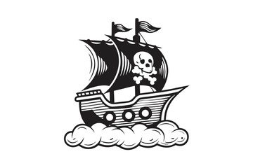 Black Pirate Ship with Skull and Crossbones on Sails, White Background