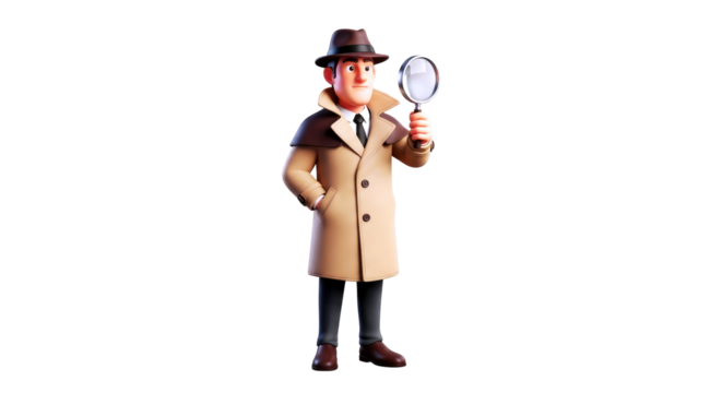 3D Render of Cartoon Detective Character in Trench Coat Holding Magnifying Glass