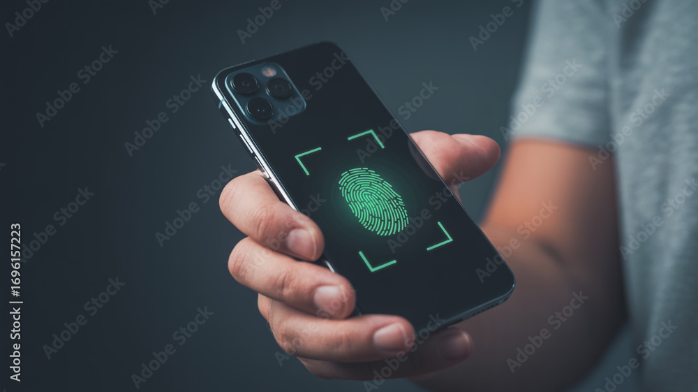 Poster smartphone fingerprint scanner security authentication biometrics access control technology concept