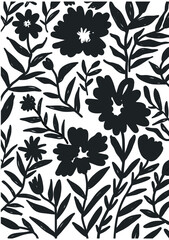 Bold black and white floral pattern with leaves. Silhoutte pattern featuring stylized flowers and abundant foliage. The contrast is sharp and the design is dense.