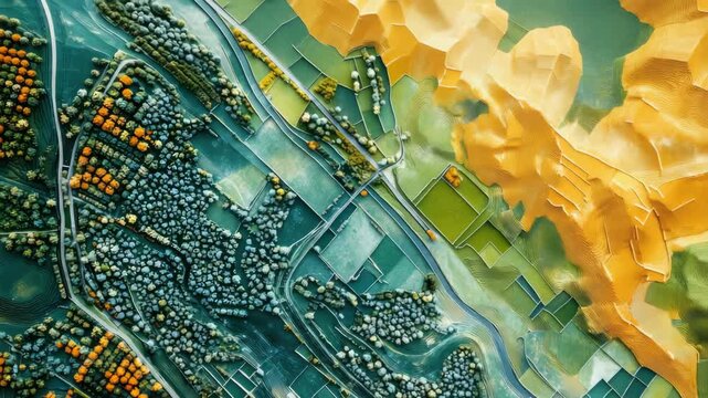 Abstract aerial view of colorful terrain with trees and fields