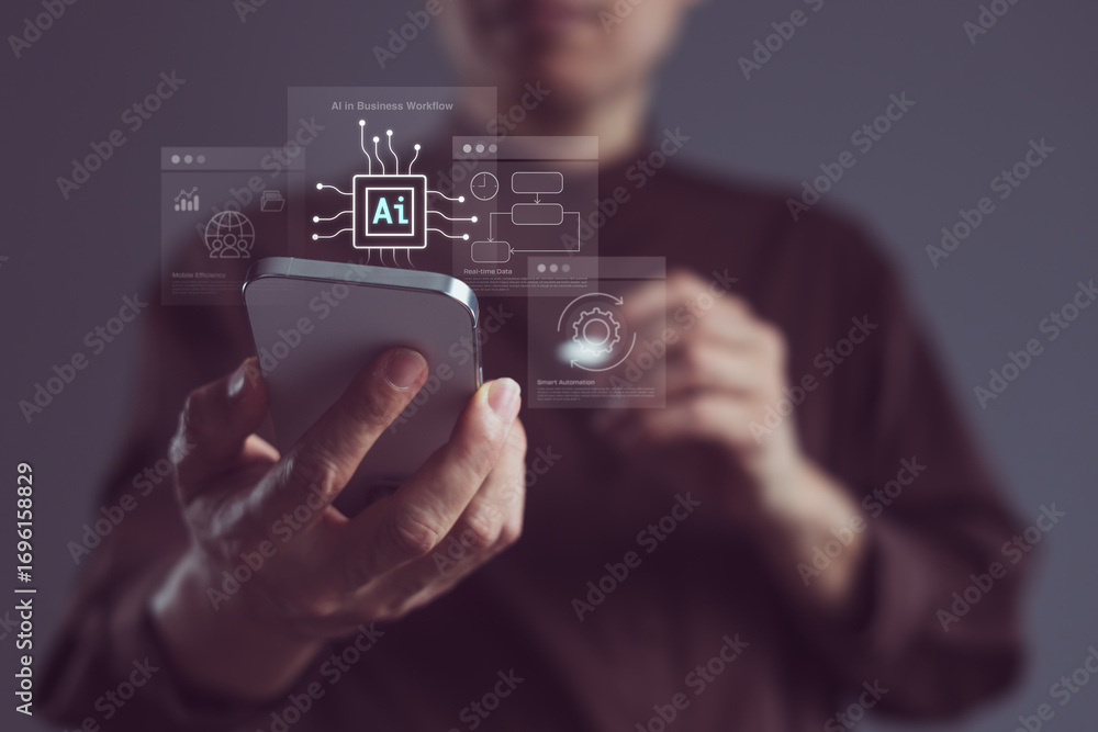 Aufkleber close-up of businessman using smartphone with ai technology icons for smart automation, mobile effic