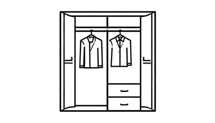 Simplified line drawing of an open wardrobe with two suit jackets hanging inside. The cabinet includes a rod for clothes, and drawers. The doors are slightly ajar