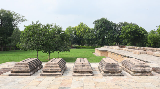 India, Gujarat, Adalaj, View of Ancient Samadhi's on the Top of Adalaj Stepwell.  