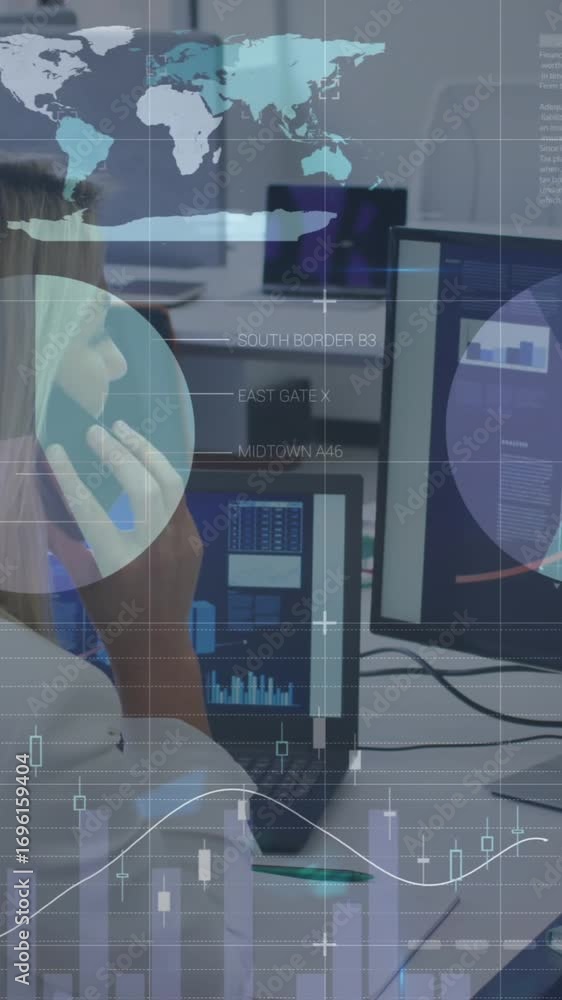 Aufkleber animation of statistical data processing over rear view of caucasian woman using laptop at office