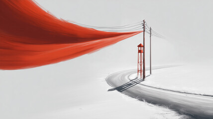 Road with red flag and watchtower in winter landscape