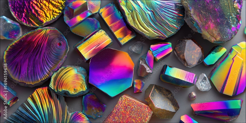 Poster Iridescent mineral specimens: A collection of iridescent mineral specimens, each with unique colors and crystalline structures, arranged in a captivating and visually striking composition. 