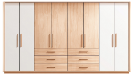 Wide light-wood wardrobe with white panels and drawers