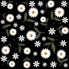Abstract Seamless pattern with daisy flowers on black background, Vector botanical daisy floral pattern.botany elements, Ink drawings of flowers.eps 10.