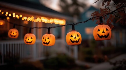 Halloween Pumpkin Lights: A string of jack-o'-lantern lights illuminates the front of a cozy home, the warm glow creating an inviting atmosphere for trick-or-treaters on Halloween night.