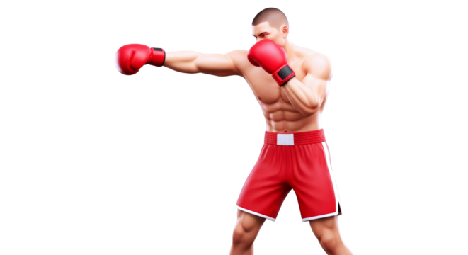 3d boxer powerful punch, red gloves, muscular fighter, ready to strike, isolated on transparent background