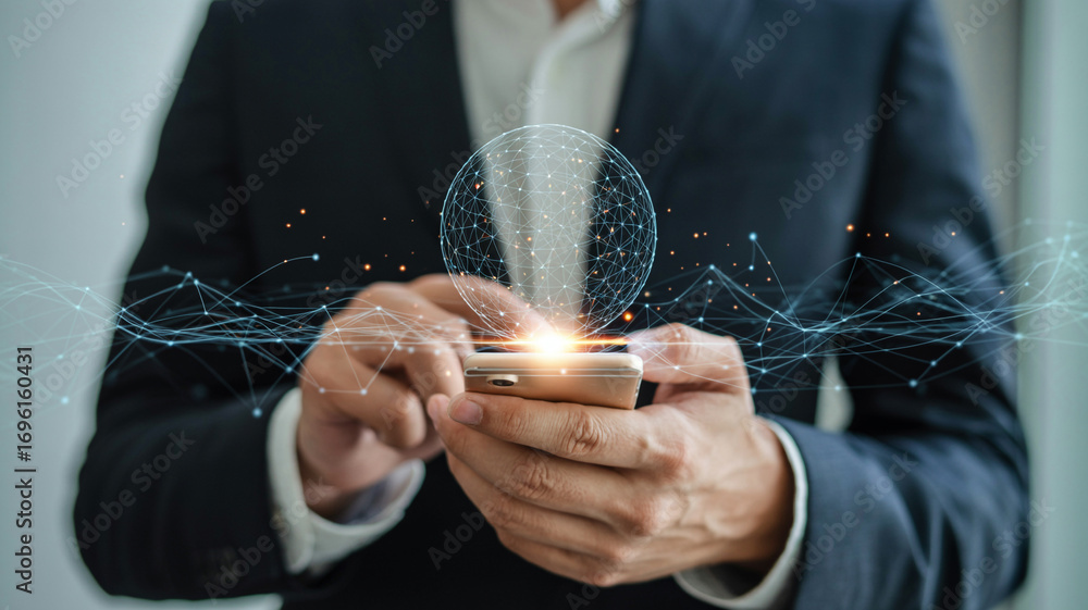 Aufkleber businessman using mobile phone for global network connection and data transfer concept design idea