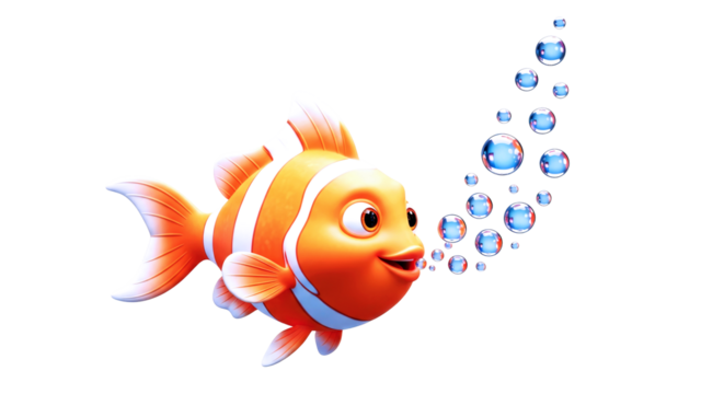 playful orange clownfish blowing bubbles delightful 3d cartoon animation asset, isolated on transparent background