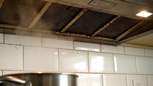 Greasy Kitchen Hood Vent and Tile, An Uncleaned Range Hood and Kitchen Wall Showing Condensation From Boiling Water