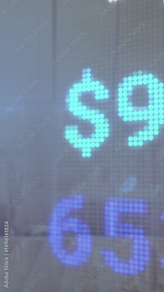 Poster animation of stock market data processing against view of cityscape from office window