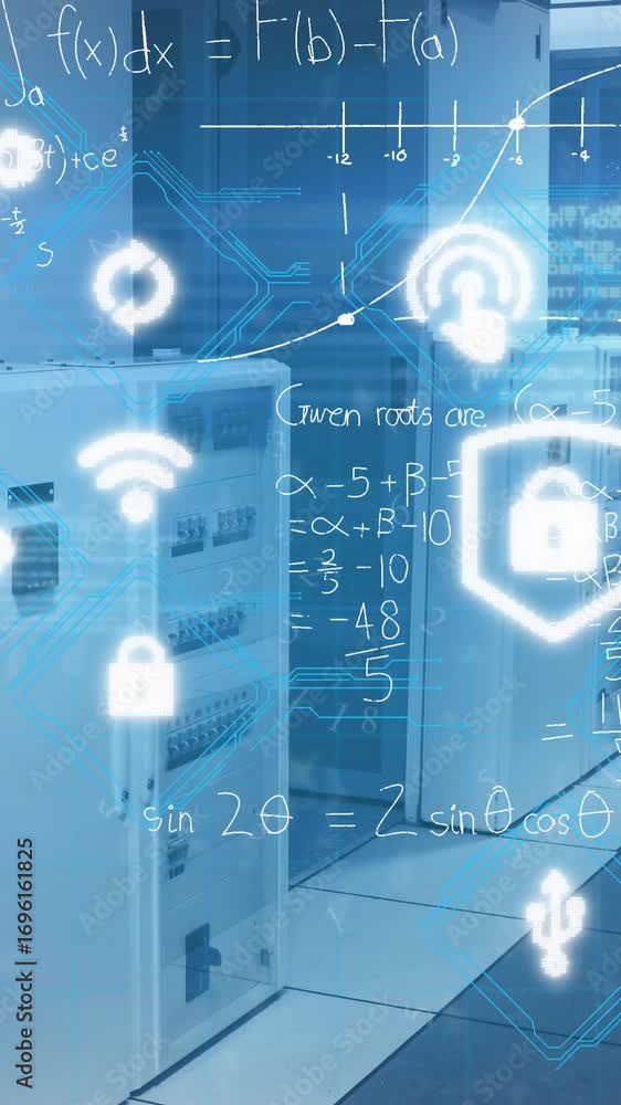 Aufkleber animation of multiple digital icons and mathematical equations against computer server room