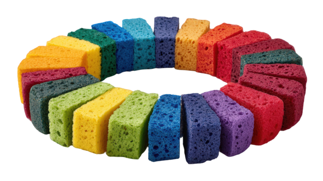 Colorful Paint Sponges in Circular Arrangement on Transparent Background