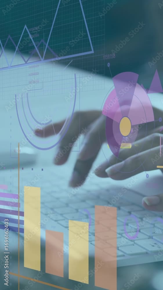 Poster animation of statistical data processing against mid section of woman typing on keyboard at office