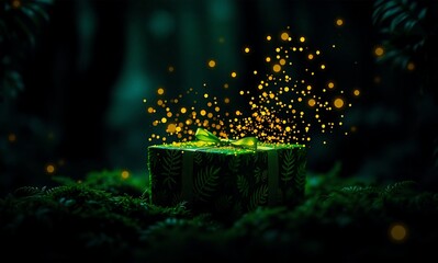 A magical, moss-covered box sits in a dark, enchanting forest, emitting golden, shimmering light and sparkling particles.