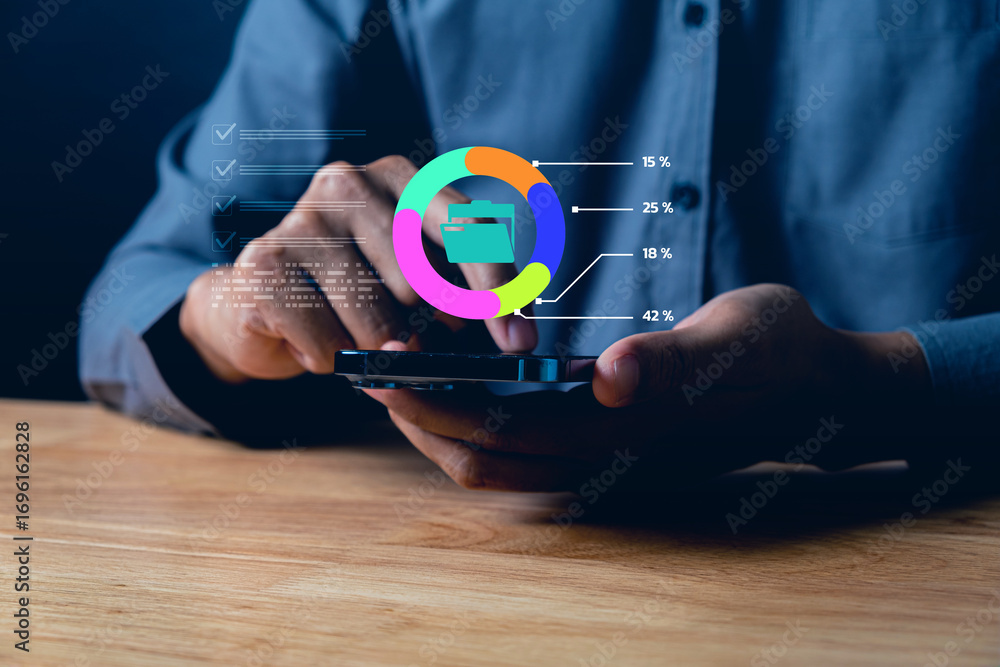 Aufkleber business professional using smartphone with digital interface illustrating data analytics and progre