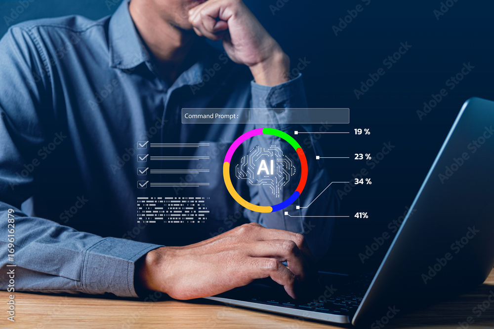 Fototapete thoughtful professional evaluating ai data insights on a laptop screen with colorful graphs and digi