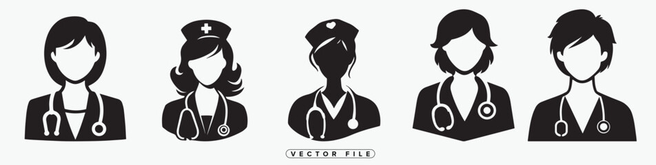 medical professionals silhouettes wearing stethoscopes and uniforms
