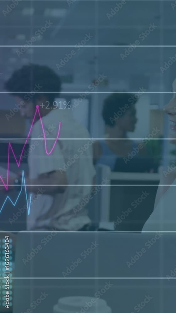 Poster animation of statistical data processing over diverse man and woman discussing over laptop at office
