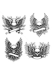 Winged Skulls with Branches and Banners Illustration Set