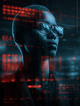 AI cyber security threat illustration, black african american woman working in computer monitor lab, female IT specialist, artificial intelligence in hacking coding & online security	
