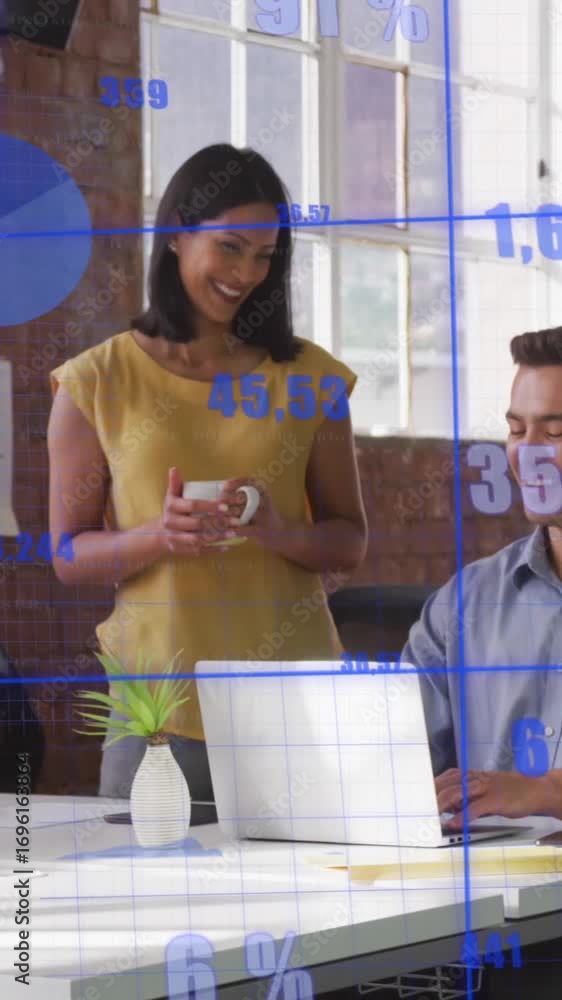 Poster animation of statistical data processing against diverse man and woman discussing smiling at office