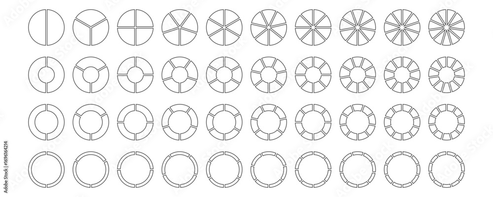 Poster outline segmented pie chart set. circle donut ring wheel divided 2 3 4 5 6 7 8 9 10 11 section. line