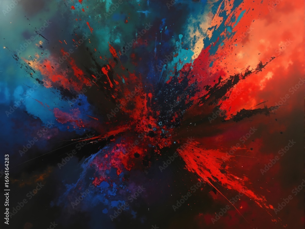 Poster abstract explosion of red and blue color. dynamic paint splash on a dark background. modern artistic