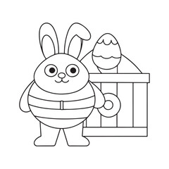 Outline of a plump bunny with a belt next to a wooden crate and Easter egg rabbit drawing