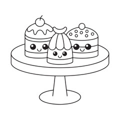 Three cute cartoon cakes on a cake stand in outline style cupcakes pastries