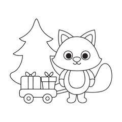 Cartoon fox pulling a wagon with Christmas presents next to a Christmas tree animal holiday