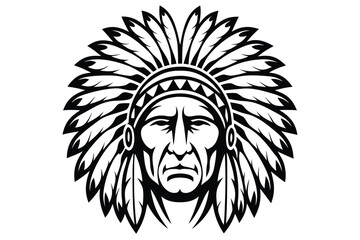 Fototapeta premium American Indian Chief Head with Feathers Headdress Detailed on White Background