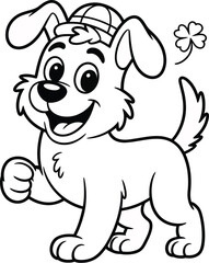 Cartoon dog wearing a hat and a clover in a black outline on a white background illustration