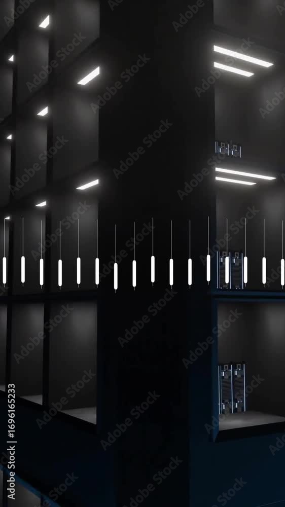 Poster sound wave animation over futuristic server racks in dark data center