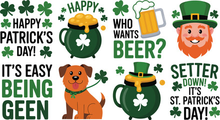 A collection of st patrick's day themed graphics with clovers, beer, and a cute dog illustration