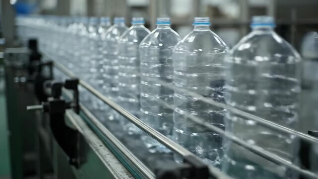Plastic Bottles Moving on Conveyor Belt at a Factory, Automated Production Line