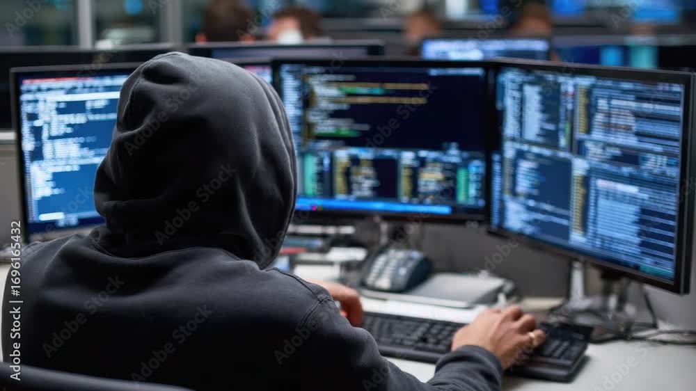 Poster a focused individual works intensely at multiple computer screens, showcasing coding and cyber activ