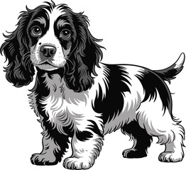 Illustration of a cocker spaniel puppy with black and white fur on a white background standing still