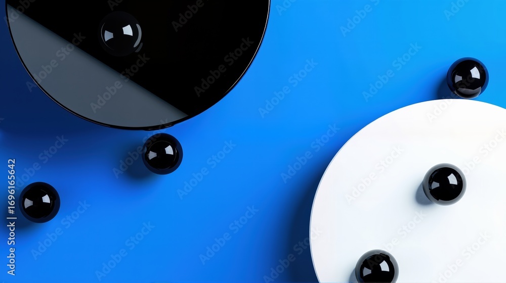 Poster abstract geometric background with black and white shapes. glossy spheres and circles on a vibrant b
