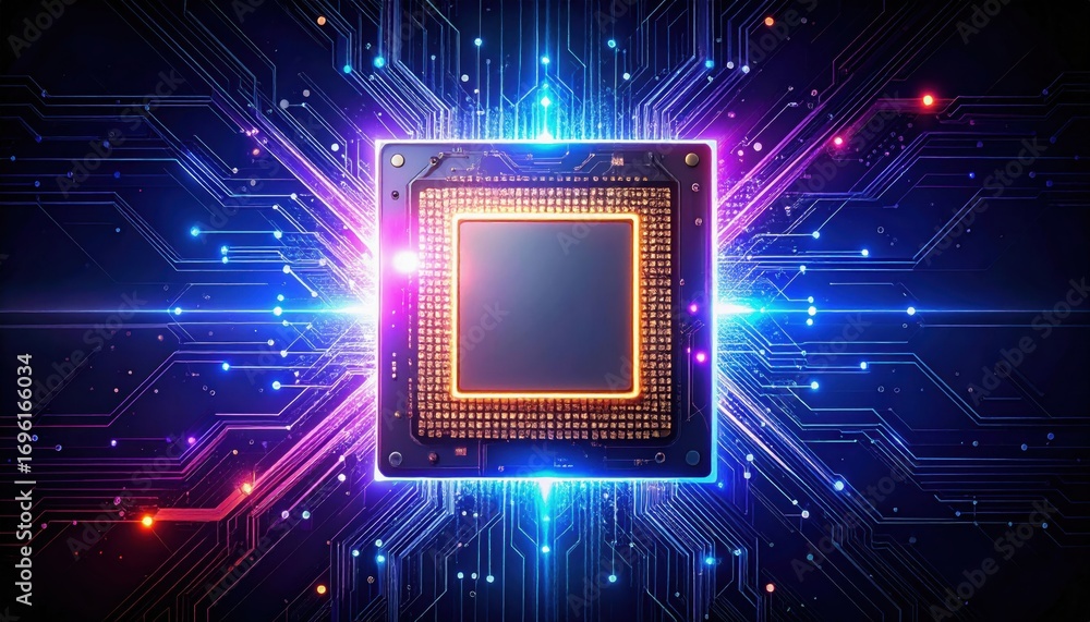 Poster a glowing microprocessor surrounded by vibrant circuitry, showcasing advanced technology and digital