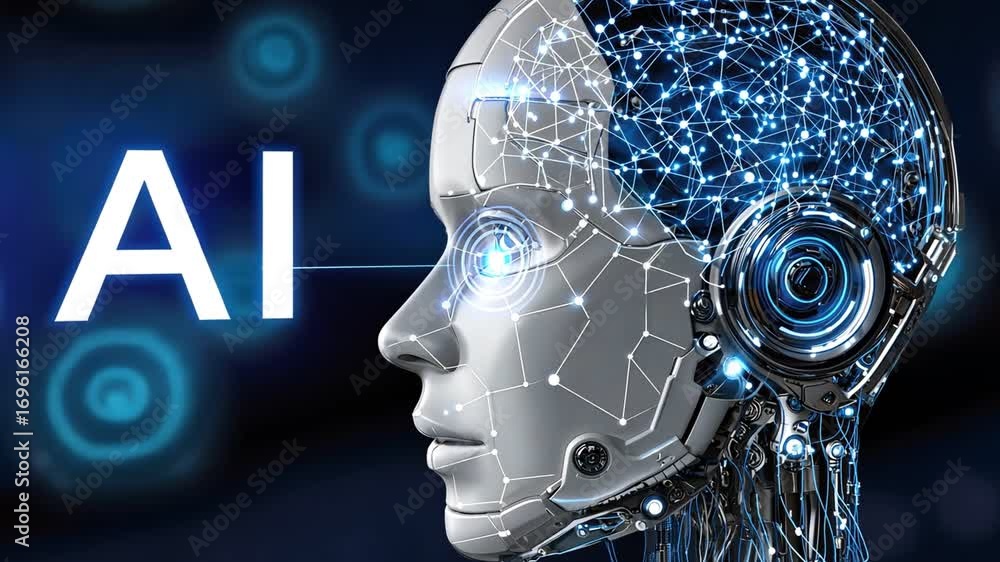 Poster a futuristic artificial intelligence head, showcasing a circuit-like design with glowing elements, r