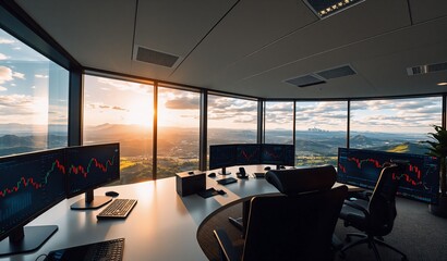 Modern high-rise office with large windows overlooking a city at sunset, featuring multiple screens displaying financial data.