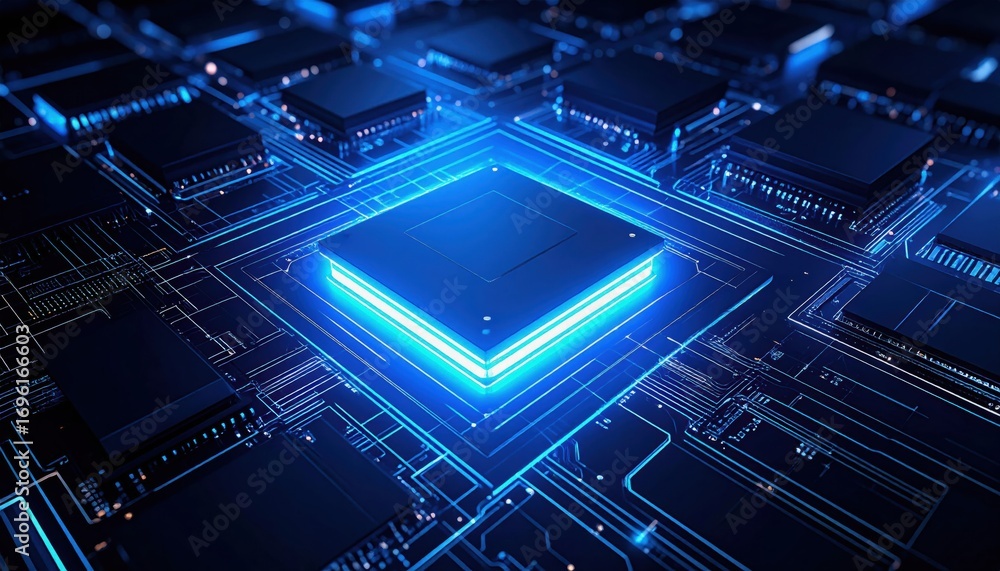 Poster a close-up view of a futuristic microchip surrounded by intricate circuitry, emitting a blue glow, r