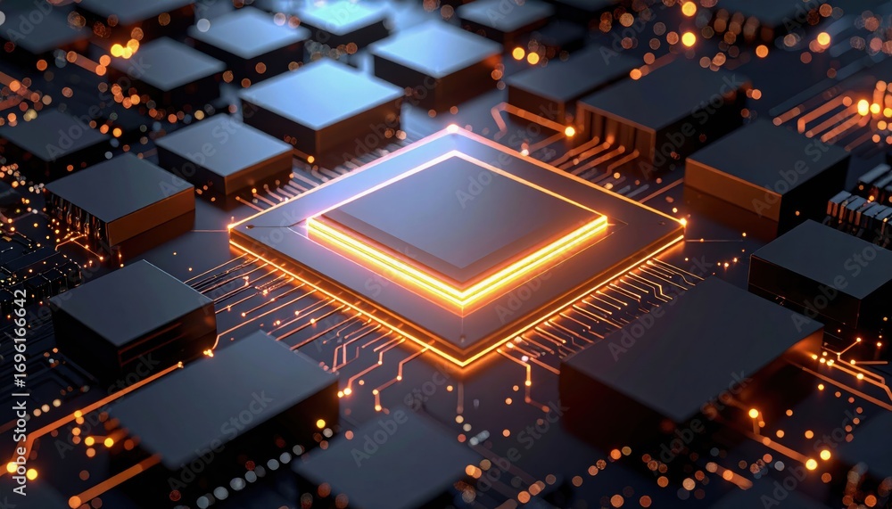 Poster a close-up view of a high-tech microprocessor with glowing circuits and intricate patterns, showcasi