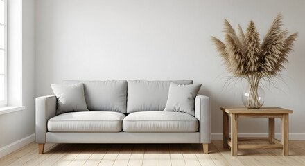 Elegant living room interior featuring a comfortable sofa and stylish pampas grass decor creating
